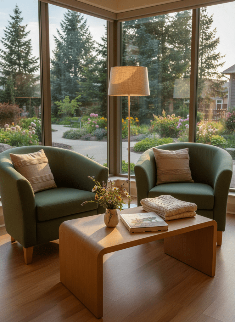 A warmly lit assisted living lounge without any people, featuring a pair of soft moss-green upholstered armchairs with rounded arms and textured throw pillows, arranged around a light oak coffee table with gently curved edges. A small vase of fresh wildflowers and a neatly folded knitted blanket rest on the table, next to a large-print hardcover book. Floor-to-ceiling windows reveal a glimpse of evergreen trees and a landscaped courtyard beyond. Late afternoon natural light pours in, complemented by a single floor lamp with a linen shade, casting gentle shadows. Photographic realism, shot at eye level with a moderate depth of field, emphasizing a calm, inviting, nature-inspired atmosphere suitable for seniors’ daily relaxation.