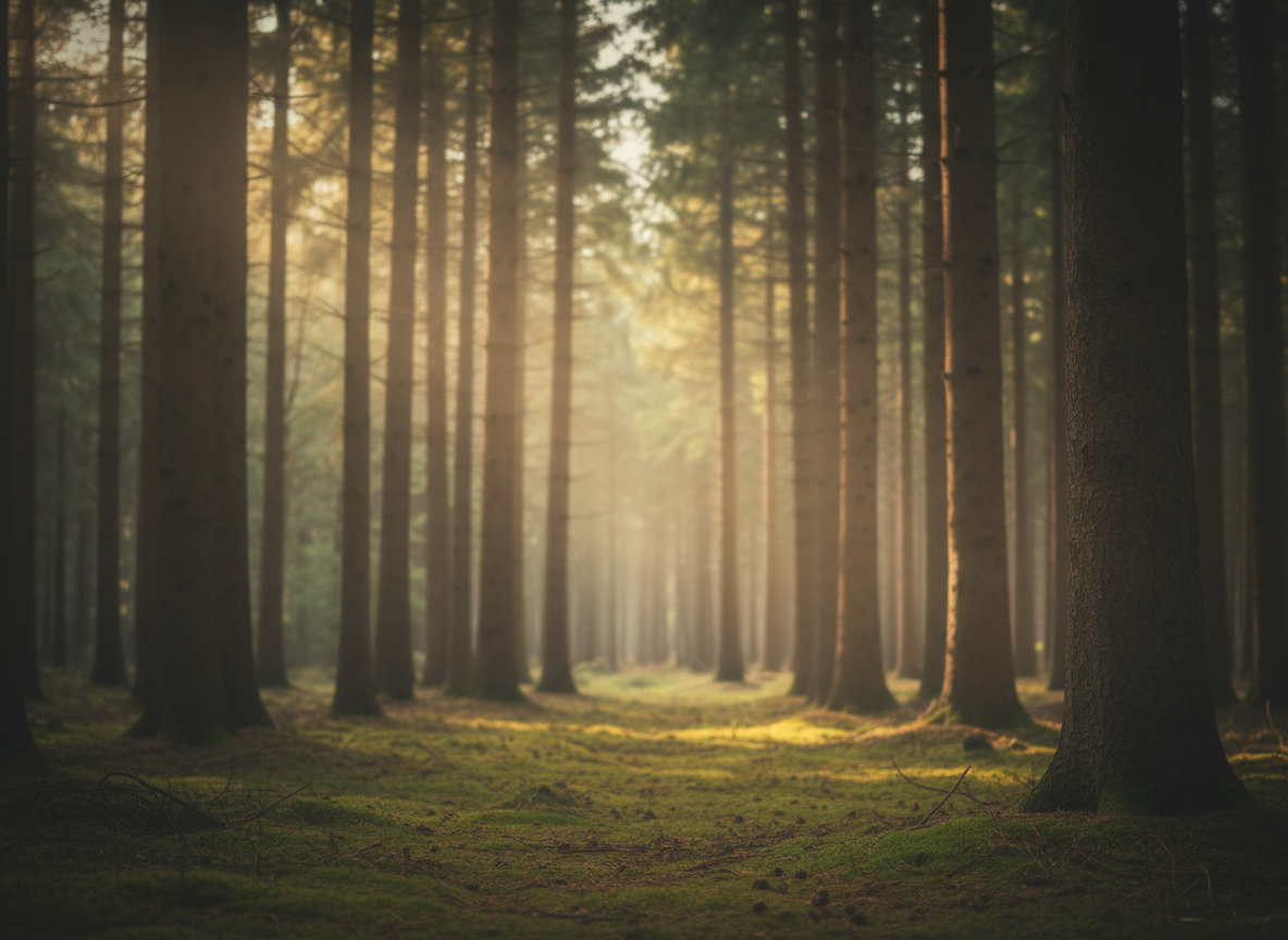 A serene evergreen forest scene with soft, warm light filtering through tall pine trees, evoking a welcoming, peaceful assisted living environment. Subtle blur and vignette to work as a semi-transparent hero background texture, with plenty of negative space for overlaid text.
