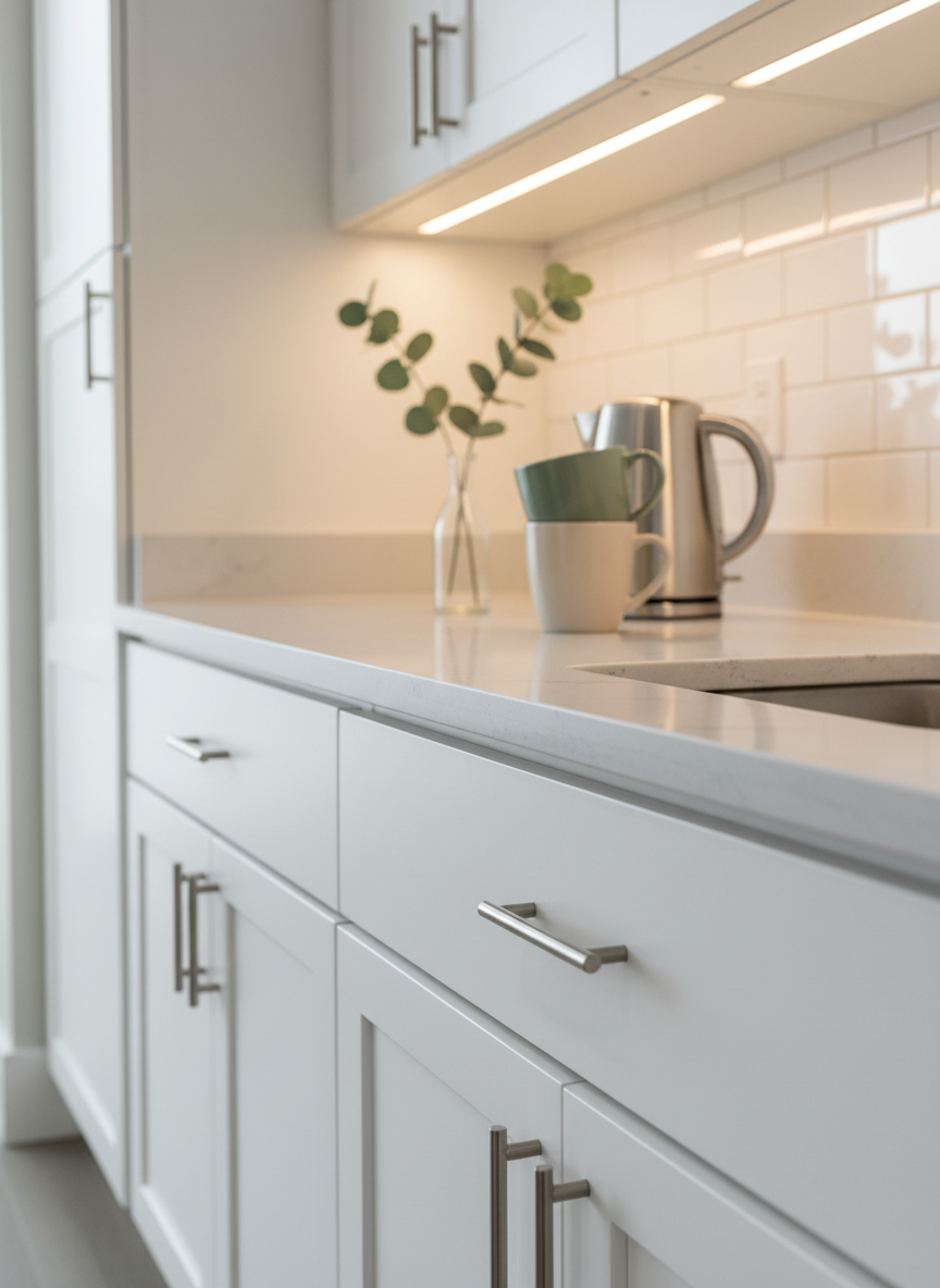 A quiet corner of an assisted living apartment’s kitchenette, showcasing a compact but elegant design with white shaker cabinets, brushed nickel hardware, and a light gray quartz countertop. A small vase of eucalyptus and a neatly arranged set of two ceramic mugs in soft sage and cream sit beside a stainless steel electric kettle, suggesting simple daily rituals. Under-cabinet LED lighting casts a warm, even glow on the countertop, while soft daylight from an unseen window gently fills the space, preventing harsh contrast. Captured from a close, slightly angled perspective in photographic realism with a shallow depth of field, the front edge of the counter and mugs are crisply detailed while the backsplash tiles subtly blur, conveying independence, comfort, and understated sophistication for senior living.