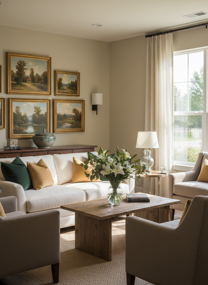 A thoughtfully arranged family-visiting room in an assisted living community, featuring a plush, neutral-toned sofa with textured throw pillows in forest green and soft gold, facing a low-profile wooden coffee table with a simple glass vase of fresh white flowers. A sideboard against the wall holds framed landscape art and a decorative bowl, while a large window with semi-sheer curtains allows gentle midday light to wash the room in a warm, welcoming glow. Photographed in photographic realism from an eye-level perspective using the rule of thirds, the seating area is framed slightly off-center, creating a sense of openness and ease. The mood is intimate yet refined, suggesting a comfortable, private space where families can gather, talk, and connect within a sophisticated senior care environment.