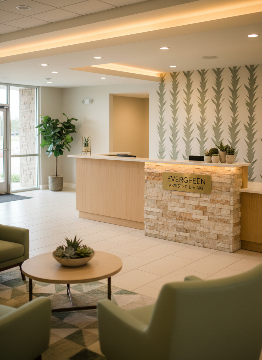 A welcoming front reception area of an assisted living community in Texas, with a sleek reception desk made of light maple wood and a stone accent front, topped with a small arrangement of succulents in ceramic pots and a discreet, polished nameplate reading “Evergreen Assisted Living.” Behind the desk, a textured feature wall displays a subtle, stylized evergreen motif. Soft, indirect LED lighting along the ceiling cove creates an even, flattering glow, while natural daylight from glass doors adds gentle highlights on the tiled floor. Captured at eye level in photographic realism with a balanced depth of field, the desk is in clear focus while the seating area with comfortable chairs and a rug in coordinating greens and neutrals softly recedes, conveying professionalism, hospitality, and quiet sophistication.