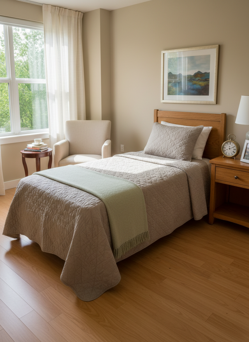 A sunlit resident suite living area in an assisted living community, featuring a neatly made bed with a textured taupe quilt, a pale sage throw blanket folded at the foot, and a polished oak nightstand with a classic analog clock and a framed landscape photo. A small upholstered reading chair sits near a window dressed with soft linen curtains, overlooking a glimpse of trees. Late-morning natural light fills the room with a gentle glow, creating soft, inviting shadows. Captured from a slightly elevated corner angle with photographic realism, the composition uses the rule of thirds to highlight both the cozy seating area and the bed, conveying a sense of privacy, dignity, and home-like comfort in a sophisticated, uncluttered setting.