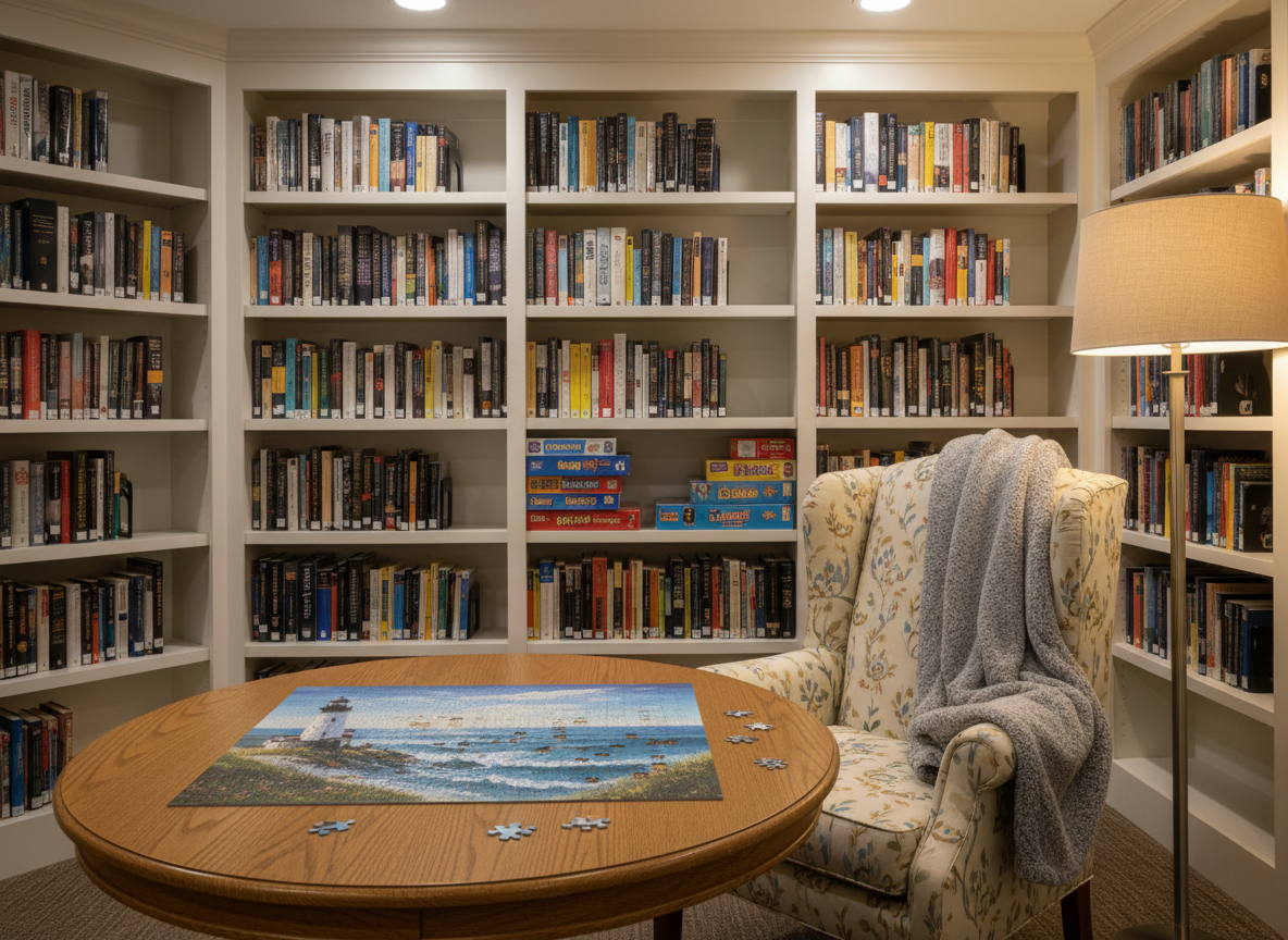 A cozy library and activity nook within an assisted living community, featuring built-in white bookshelves lined with large-print novels, classic literature, and neatly arranged puzzles and board games. A small round table with a smooth oak surface holds a partially assembled jigsaw puzzle depicting a tranquil coastal scene, with a soft wool throw draped over the back of a nearby high-backed armchair. Gentle overhead recessed lighting and a nearby floor lamp with a fabric shade create warm, even illumination, casting soft shadows without harsh contrast. Captured from an eye-level perspective in photographic realism with a shallow depth of field, the puzzle pieces in the foreground are crisp while the rows of books softly blur, evoking a quiet, thoughtful, and intellectually engaging atmosphere for seniors.