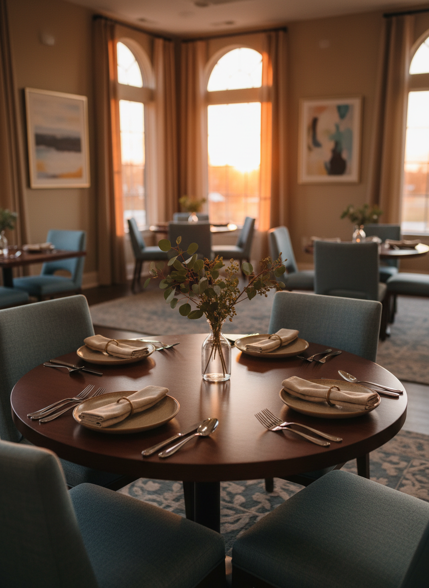 A warm, inviting dining room in an assisted living community set for a small family-style meal, with a round, dark cherry wood table set with neutral stoneware plates, linen napkins in understated napkin rings, and a modest centerpiece of fresh greenery in a glass vase. Tall windows along one wall allow golden hour sunlight to wash over the room, catching the subtle sheen of the flatware and the soft texture of upholstered dining chairs in muted blue-gray fabric. The atmosphere is intimate yet refined, suggesting connection and shared moments. Photographed at eye level with photographic realism and moderate depth of field, the table setting is sharply in focus while the softly blurred background reveals additional tables and tasteful artwork, reinforcing a sophisticated, welcoming senior care environment.