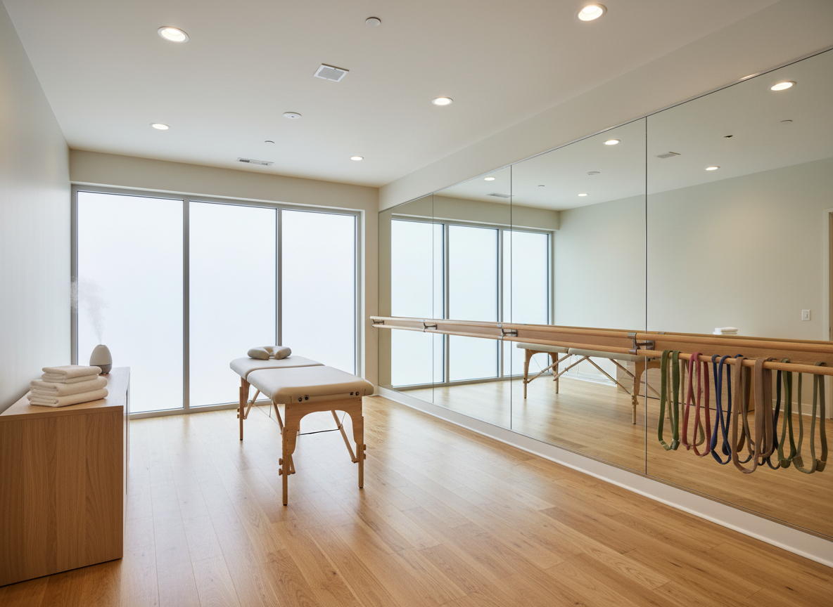 A refined wellness room in an assisted living community, designed for gentle movement and therapy, featuring light oak plank flooring, a mirrored wall with a sturdy wooden barre, and a neatly arranged rack of soft resistance bands in muted earth tones. A cushioned therapy table with a neutral beige cover sits to one side, next to a small cabinet topped with folded white towels and a diffuser emitting a subtle mist. Diffused daylight enters through frosted windows, complemented by recessed ceiling lights for balanced, shadow-free illumination. Photographed in photographic realism from a wide, slightly elevated angle, the composition captures the entire room with sharp focus, emphasizing cleanliness, safety, and modern professionalism while maintaining a calm, spa-like, and sophisticated ambiance suitable for senior wellness and rehabilitation.