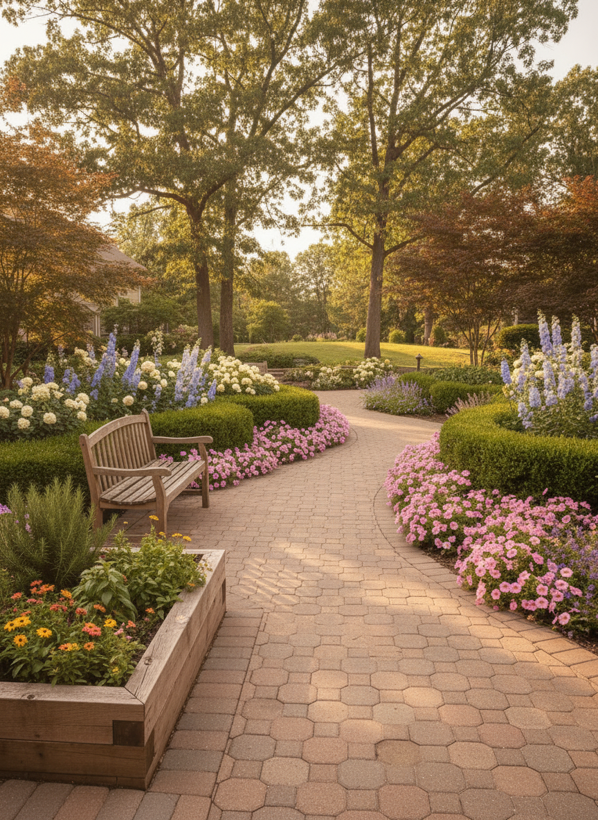 A softly lit, serene garden courtyard of an upscale assisted living community, with gentle contrast, warm tones, and a slightly diffused, tranquil atmosphere, suitable as a welcoming hero-like image for a senior living website.